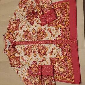 LIKE NEW Rachel Zoe Bright Royal Patterned Cream/Gold/Pink Button Front Blouse